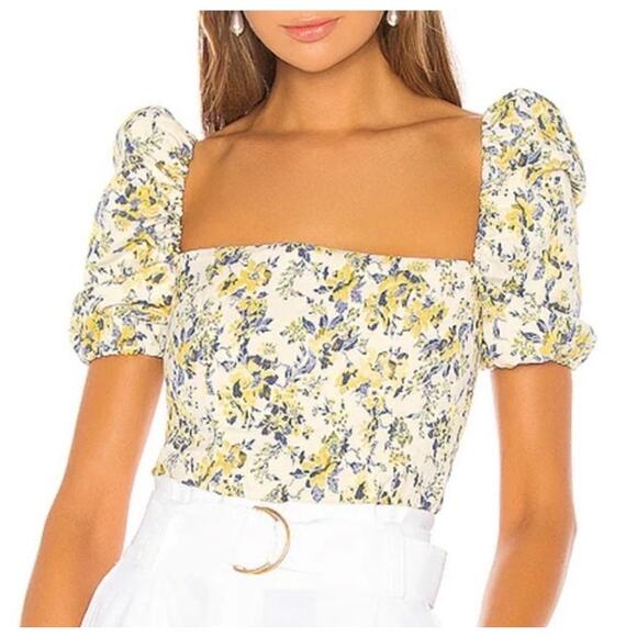 Lovers & Friends Yellow Floral Puff Sleeve Square Neck Cottagecore Romantic XL - Picture 1 of 9